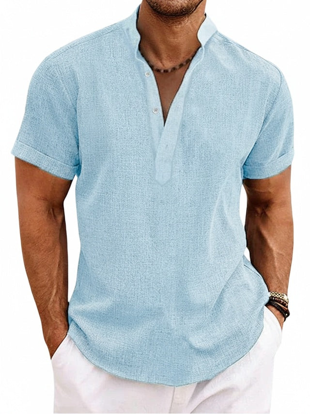 Men's short-sleeve shirt with high collar and V-neck