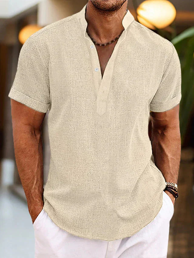 Men's short-sleeve shirt with high collar and V-neck
