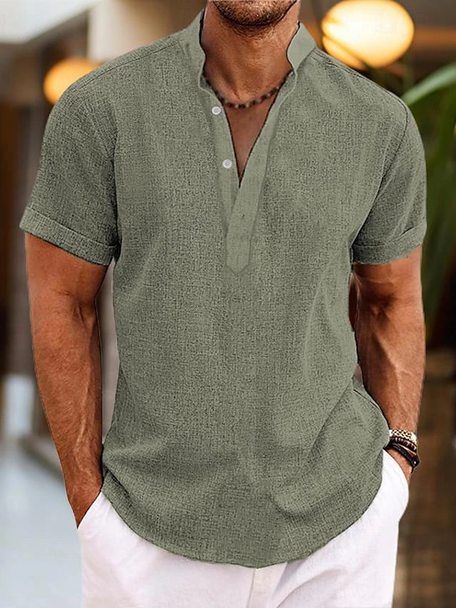 Men's short-sleeve shirt with high collar and V-neck