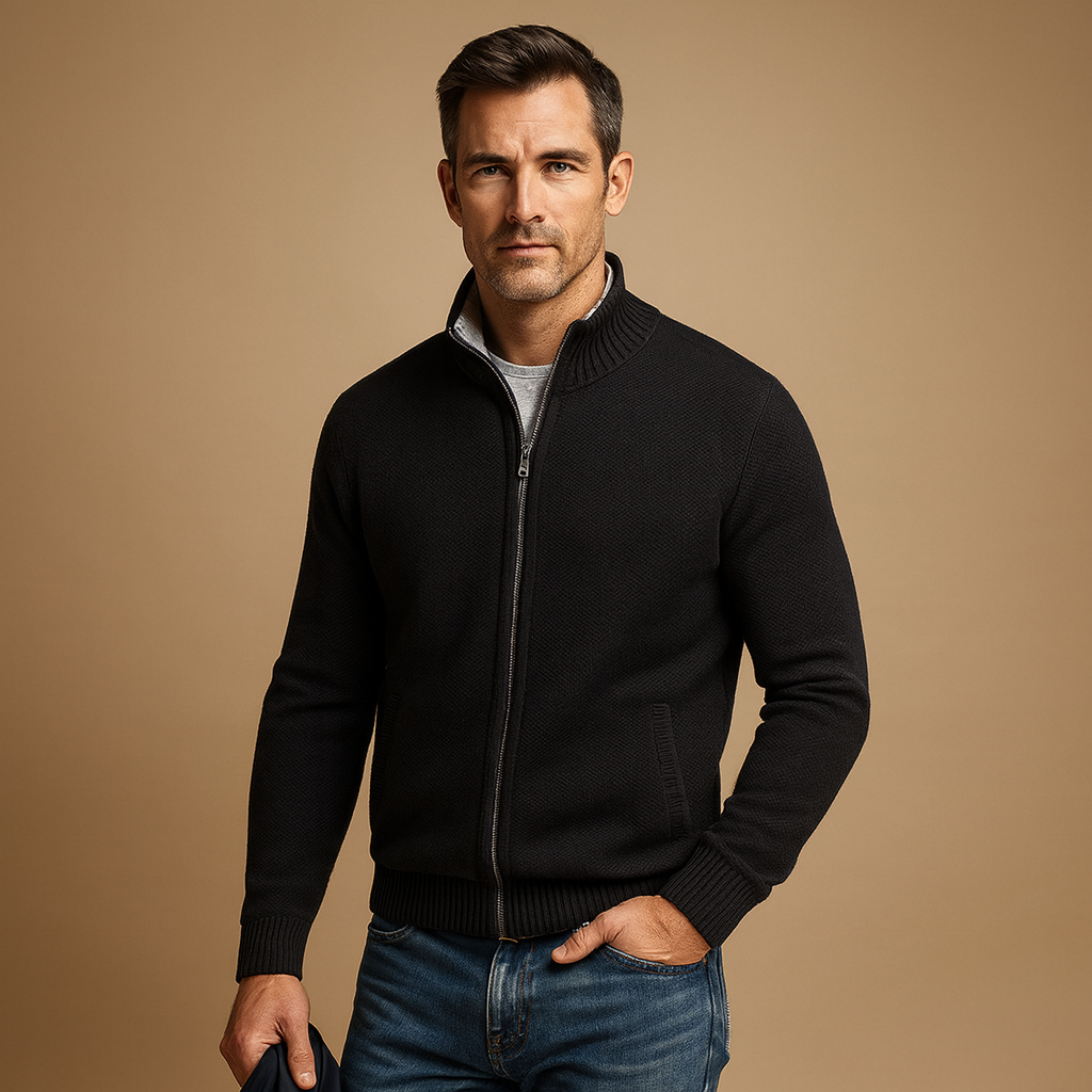 Cardigan da Uomo con Zip Intera e Collo Alto in Maglia