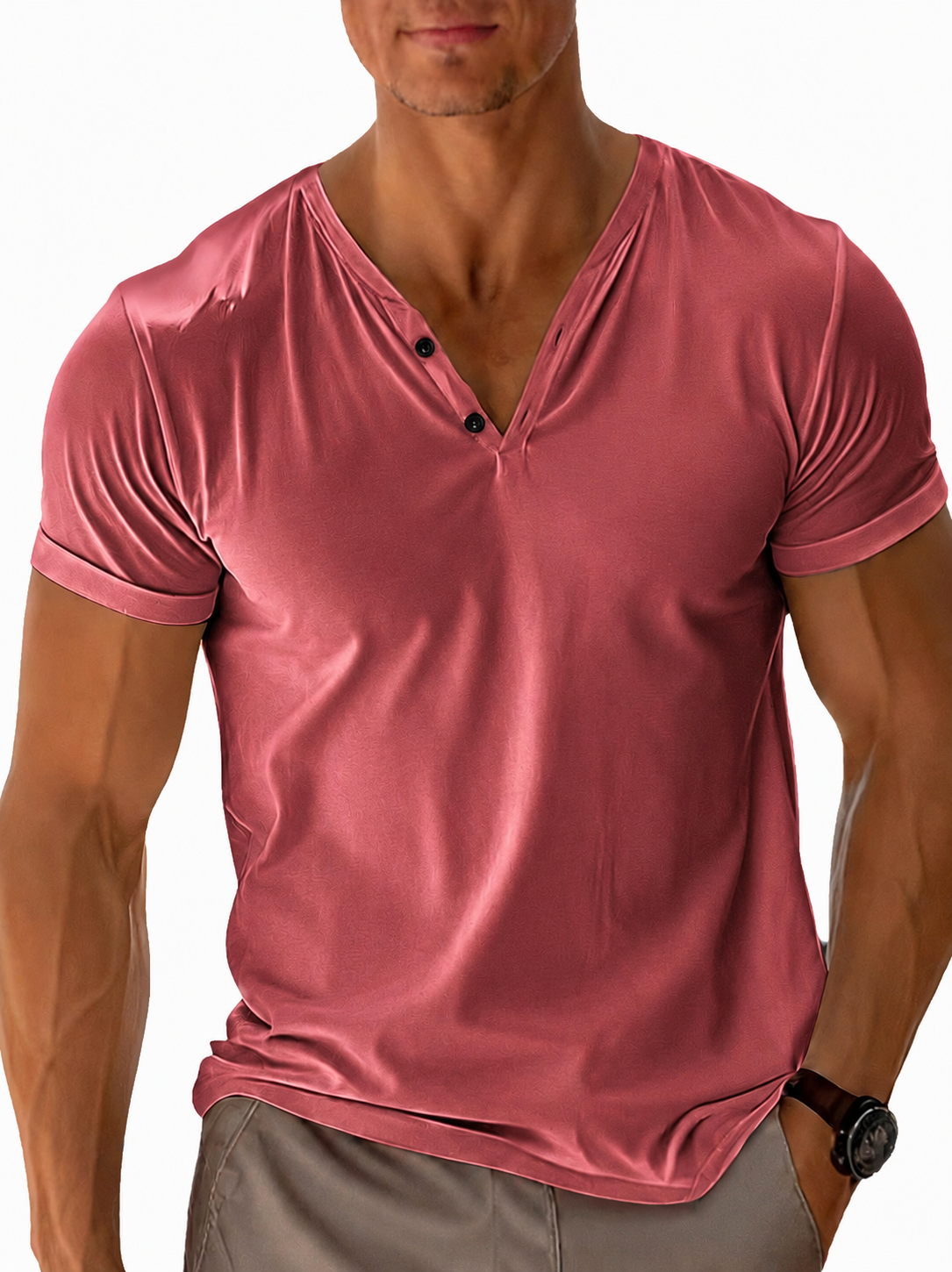 Men's short-sleeve Henley T-shirt with V-neck