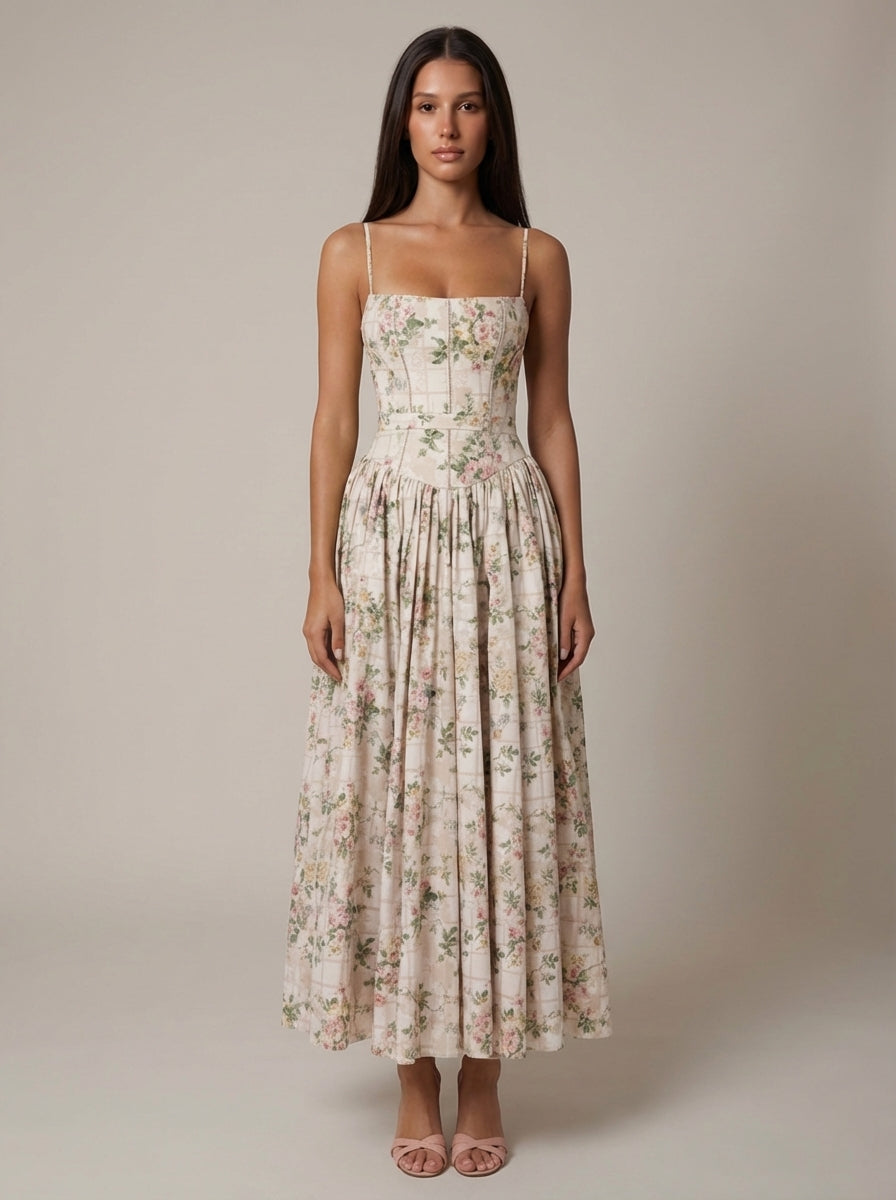 Abito Midi Donna Floreale con Scollo Dritto e Spalline Sottili