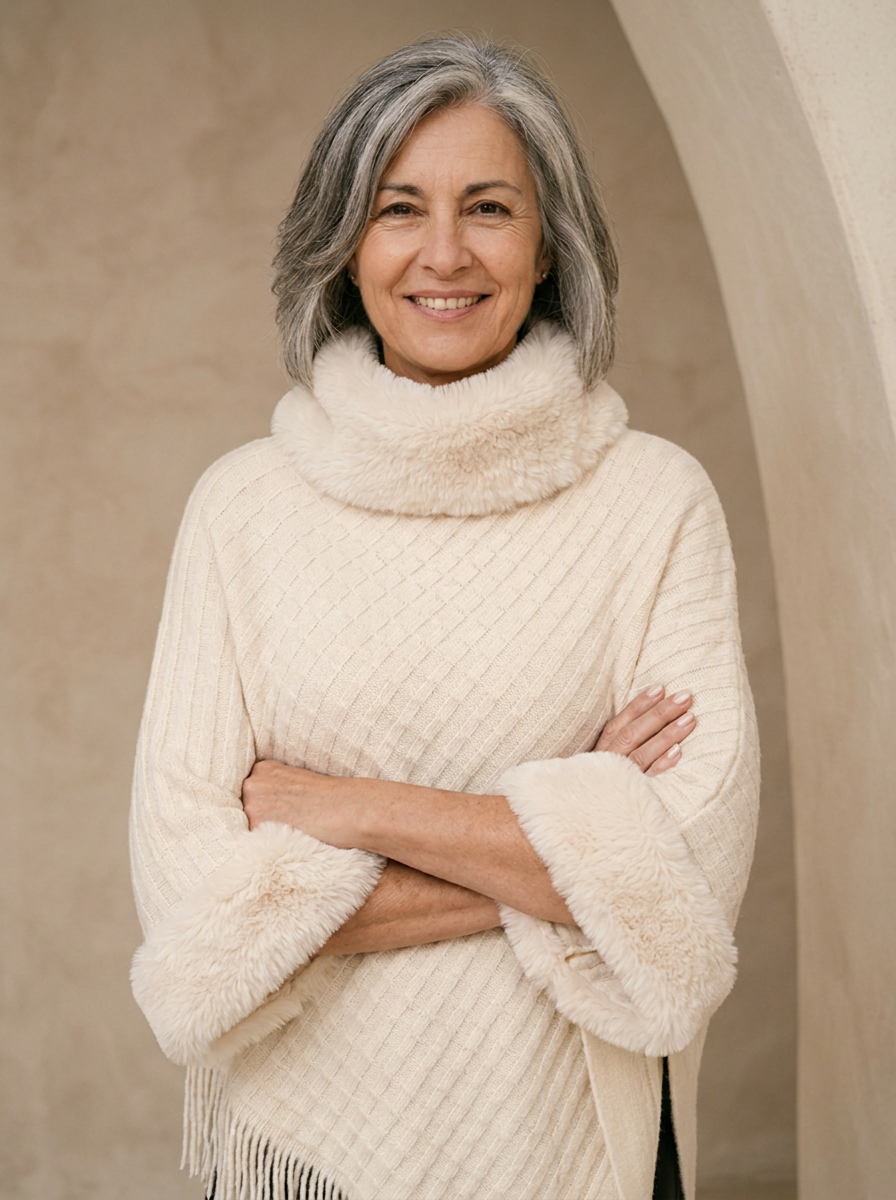 Poncho Donna in Maglia con Collo Alto e Frange