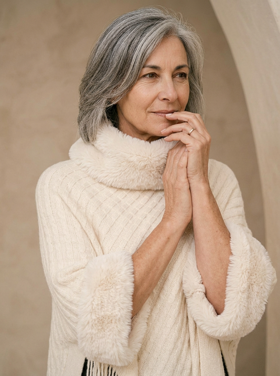 Poncho Donna in Maglia con Collo Alto e Frange