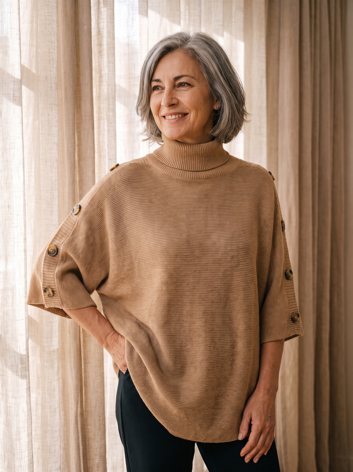 Maglia Poncho da Donna con Collo Alto e Maniche Corte