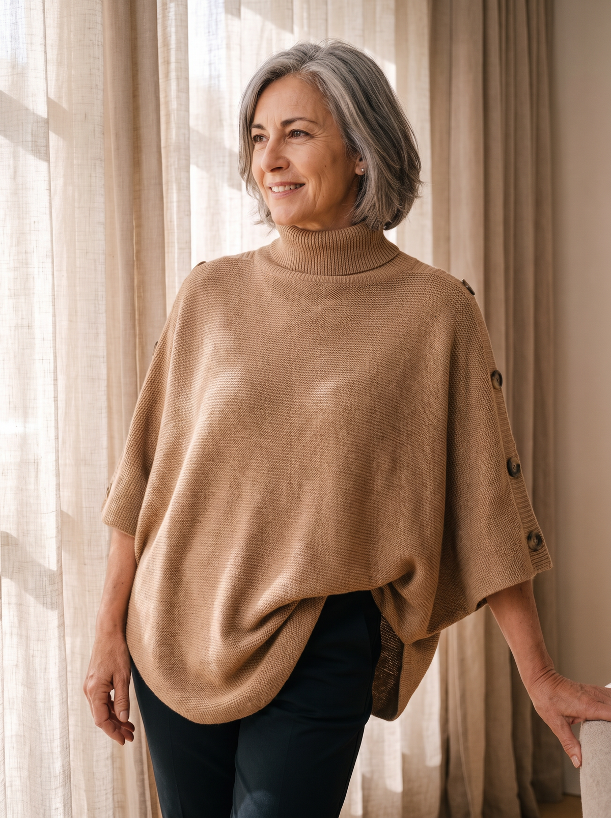 Maglia Poncho da Donna con Collo Alto e Maniche Corte
