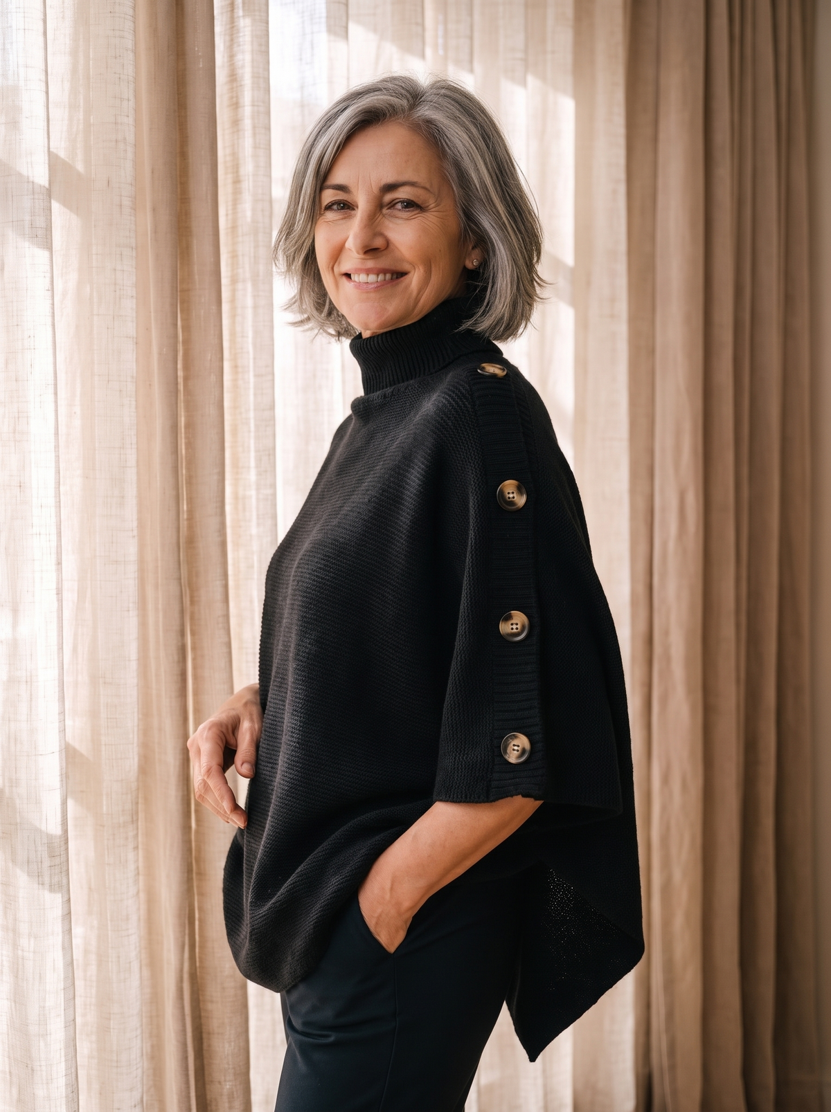 Maglia Poncho da Donna con Collo Alto e Maniche Corte