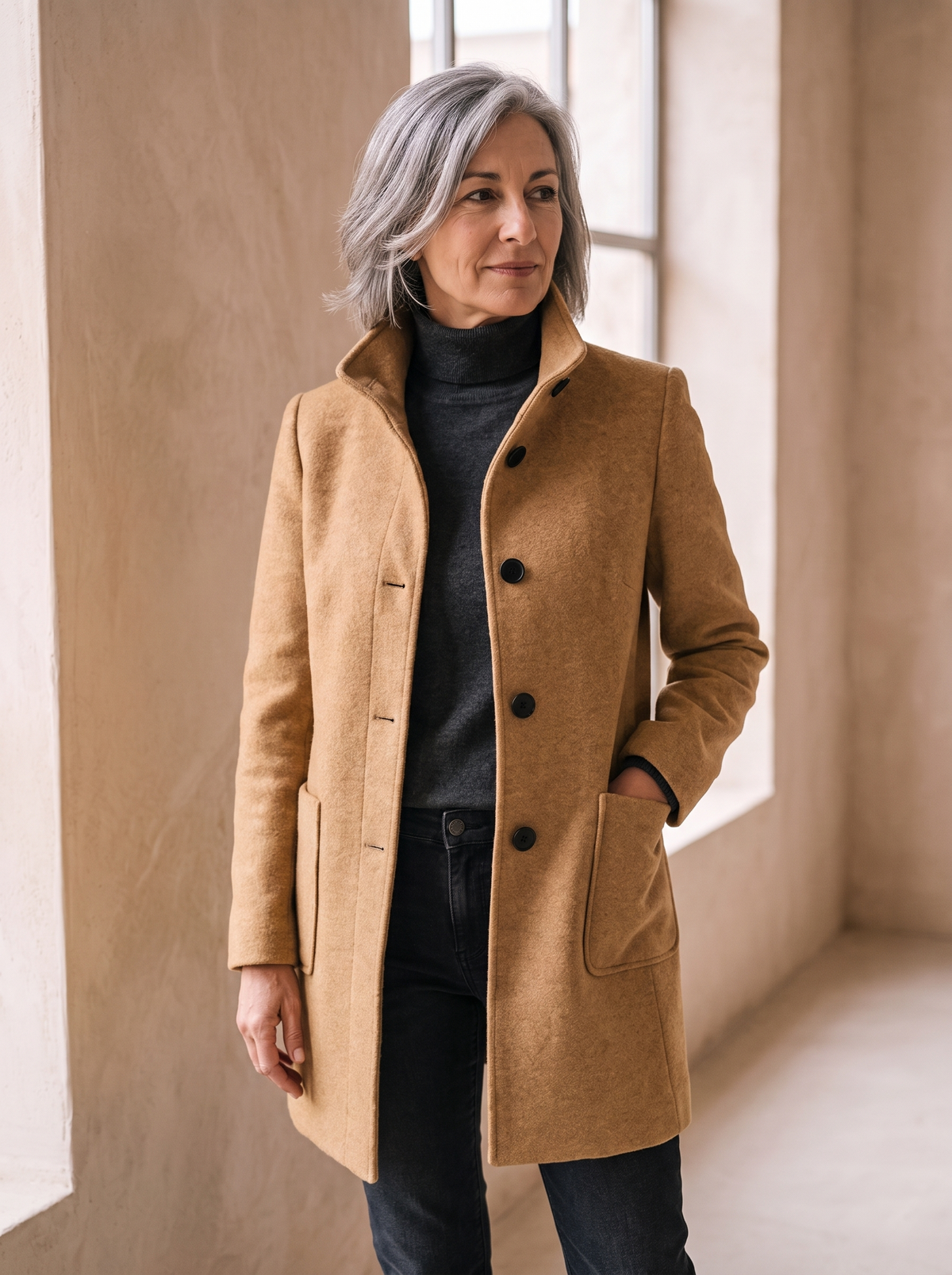 Cappotto da Donna con Collo Alto e Chiusura a Bottoni