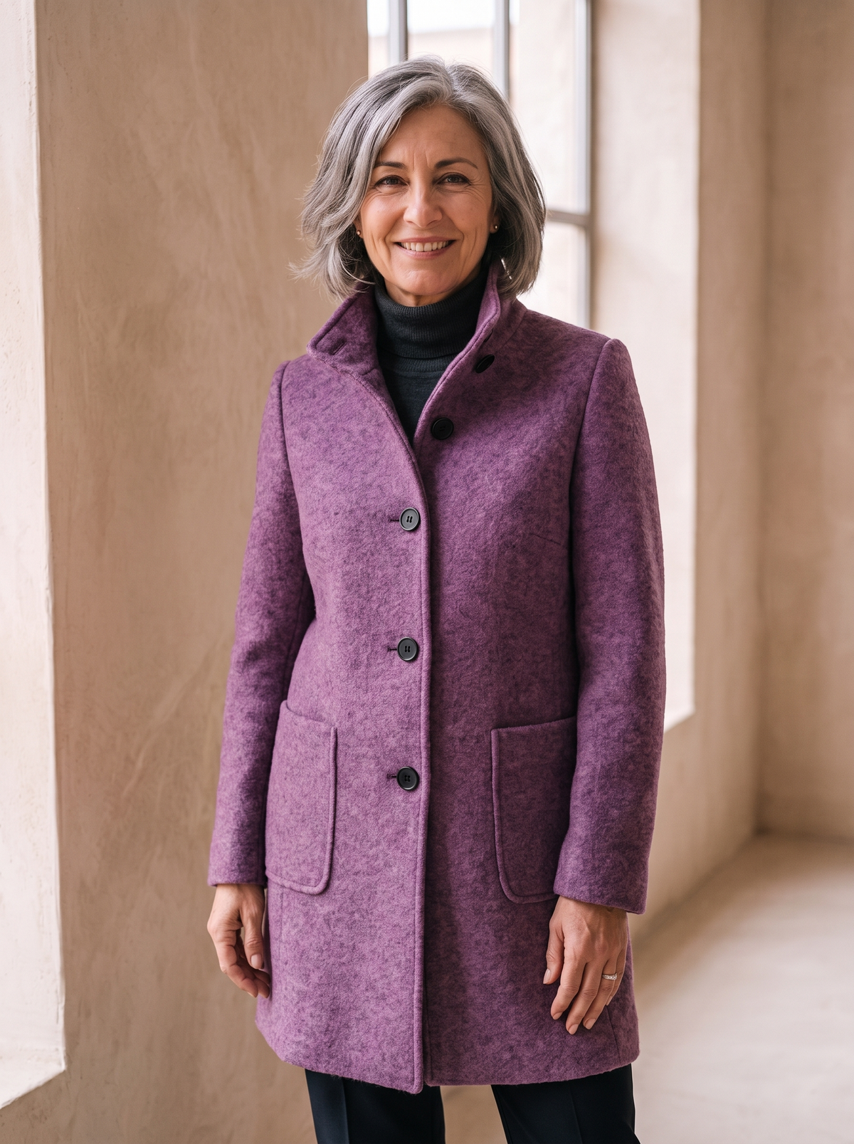 Cappotto da Donna con Collo Alto e Chiusura a Bottoni