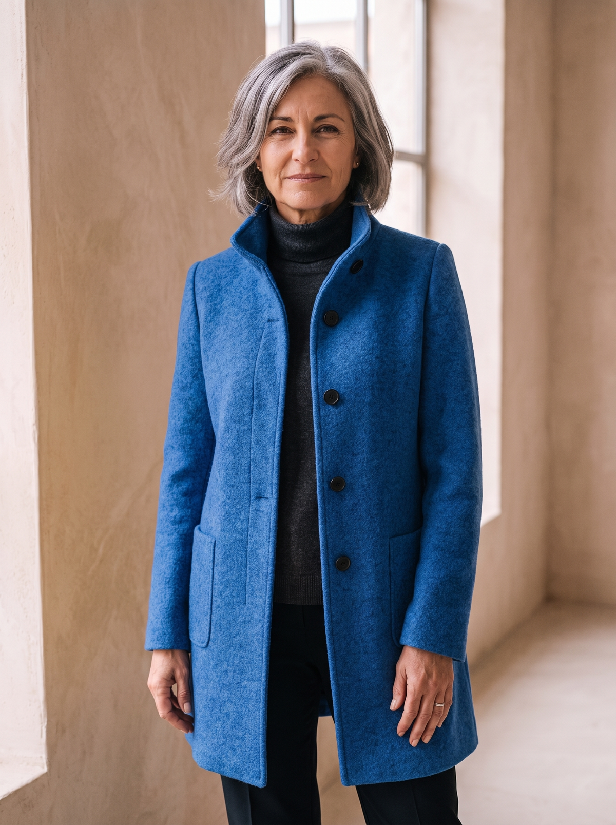 Cappotto da Donna con Collo Alto e Chiusura a Bottoni