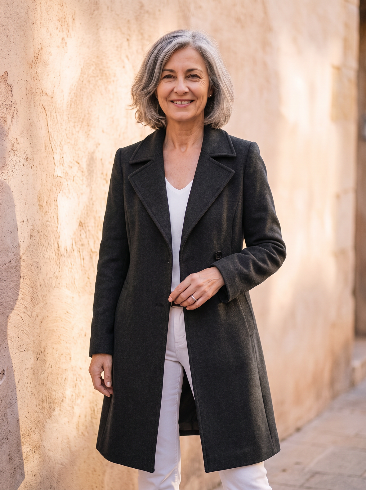 Cappotto Lungo da Donna con Rever e Chiusura a Bottoni