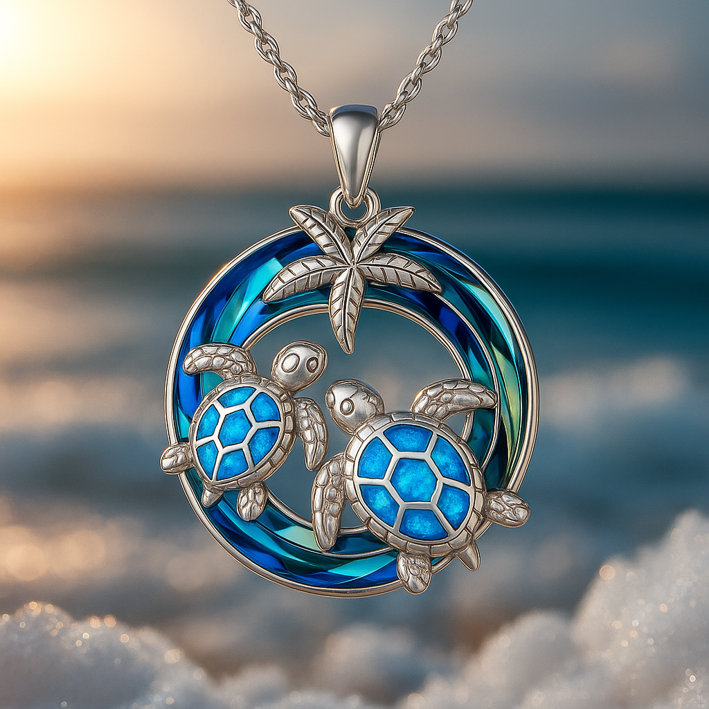 Collana da donna con tartaruga marina in opale blu e cerchio tropicale