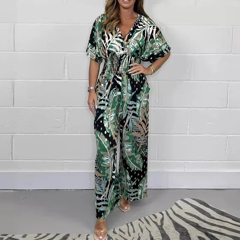 Abito Maxi Tropicale con Scollo a V e Vestibilità Ampia