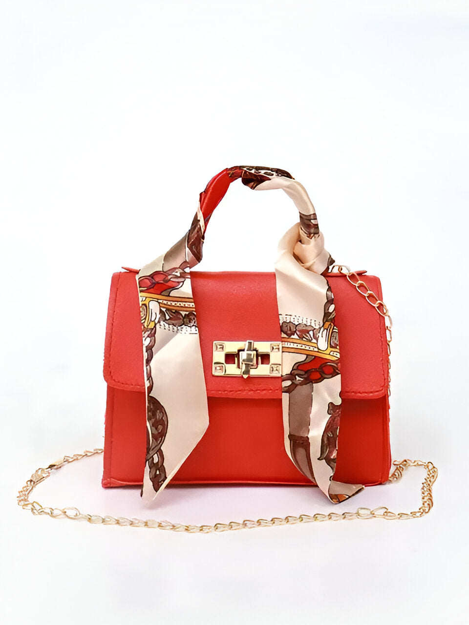 Borsa donna a mano con foulard decorativo e tracolla a catena