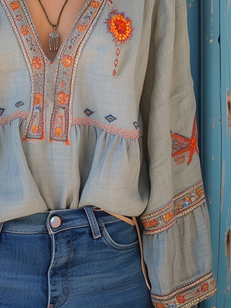 Bohemian Women's Blouse – Authentic Embroidery and Breathable Summer Cut
