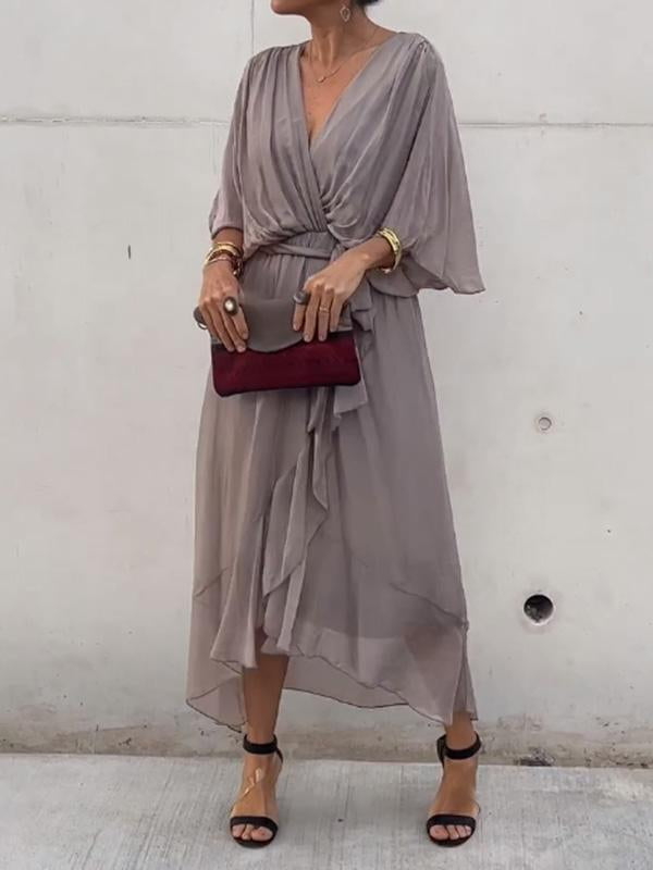 Robe d’été pour femme en mousseline avec ceinture et col en V