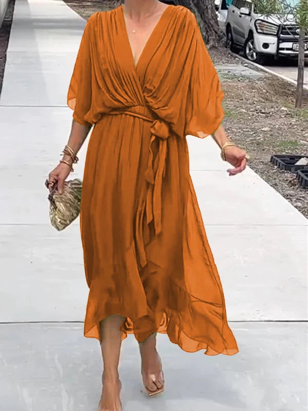 Robe d’été pour femme en mousseline avec ceinture et col en V