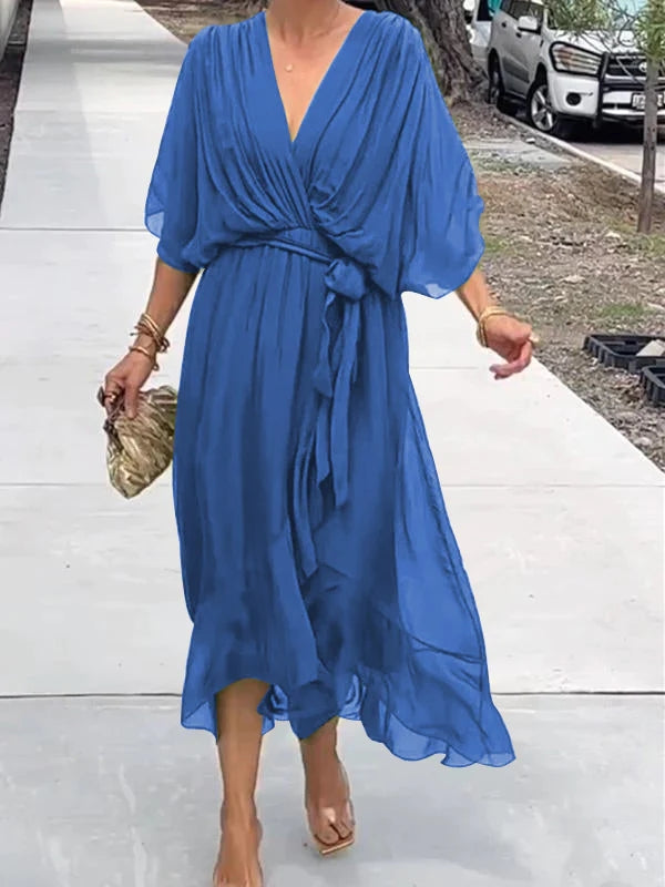 Robe d’été pour femme en mousseline avec ceinture et col en V