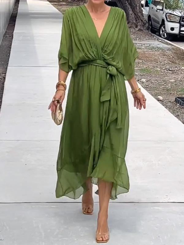 Robe d’été pour femme en mousseline avec ceinture et col en V