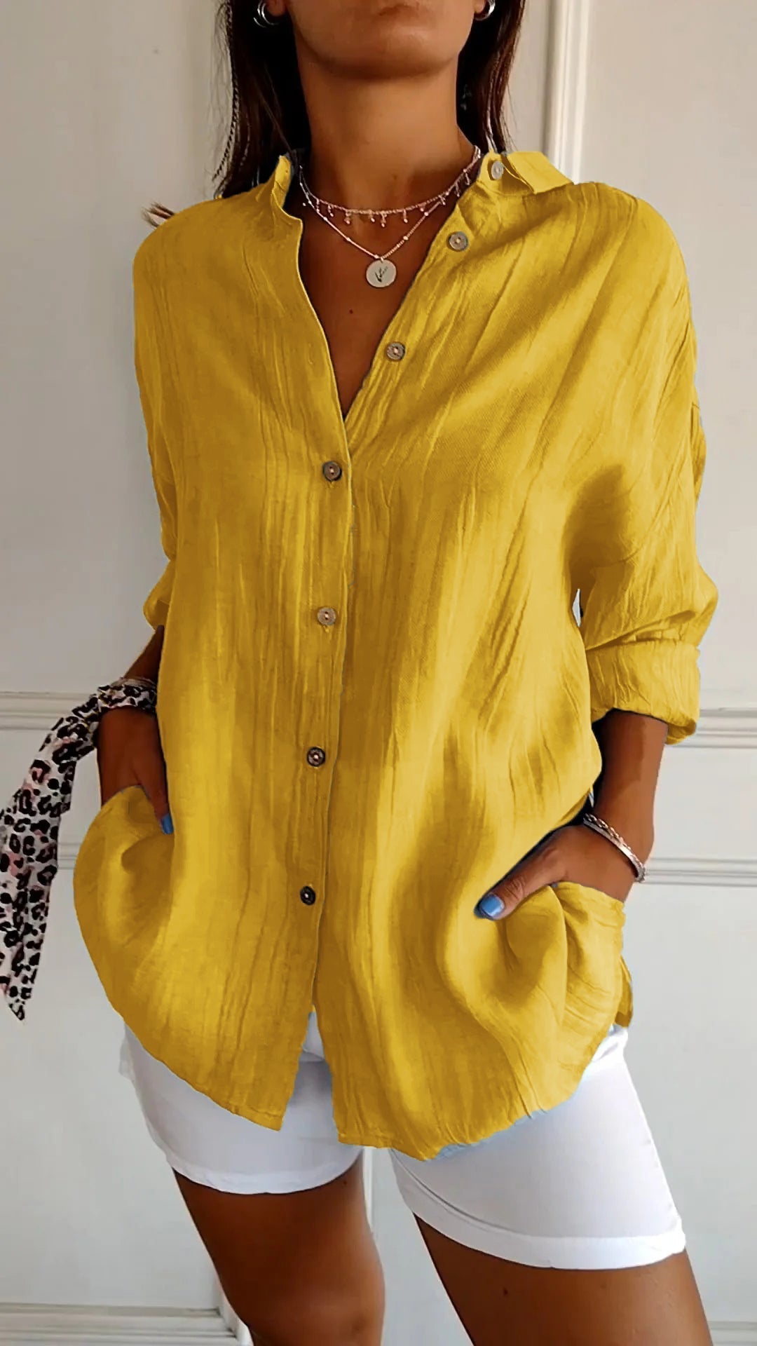 Camicia Donna Oversize in Lino e Cotone con Bottoni – Blusa Casual Estiva a Maniche Arrotolabili