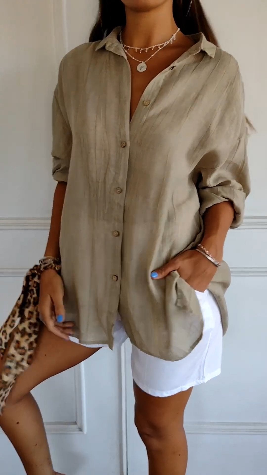 Camicia Donna Oversize in Lino e Cotone con Bottoni – Blusa Casual Estiva a Maniche Arrotolabili