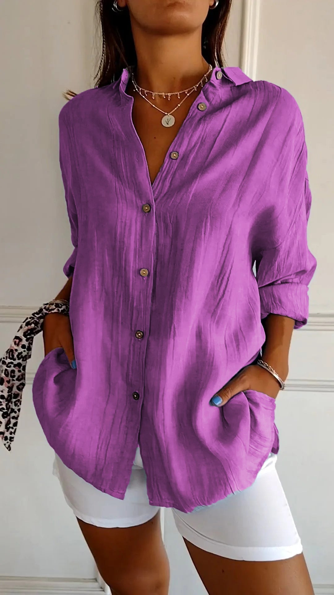 Camicia Donna Oversize in Lino e Cotone con Bottoni – Blusa Casual Estiva a Maniche Arrotolabili
