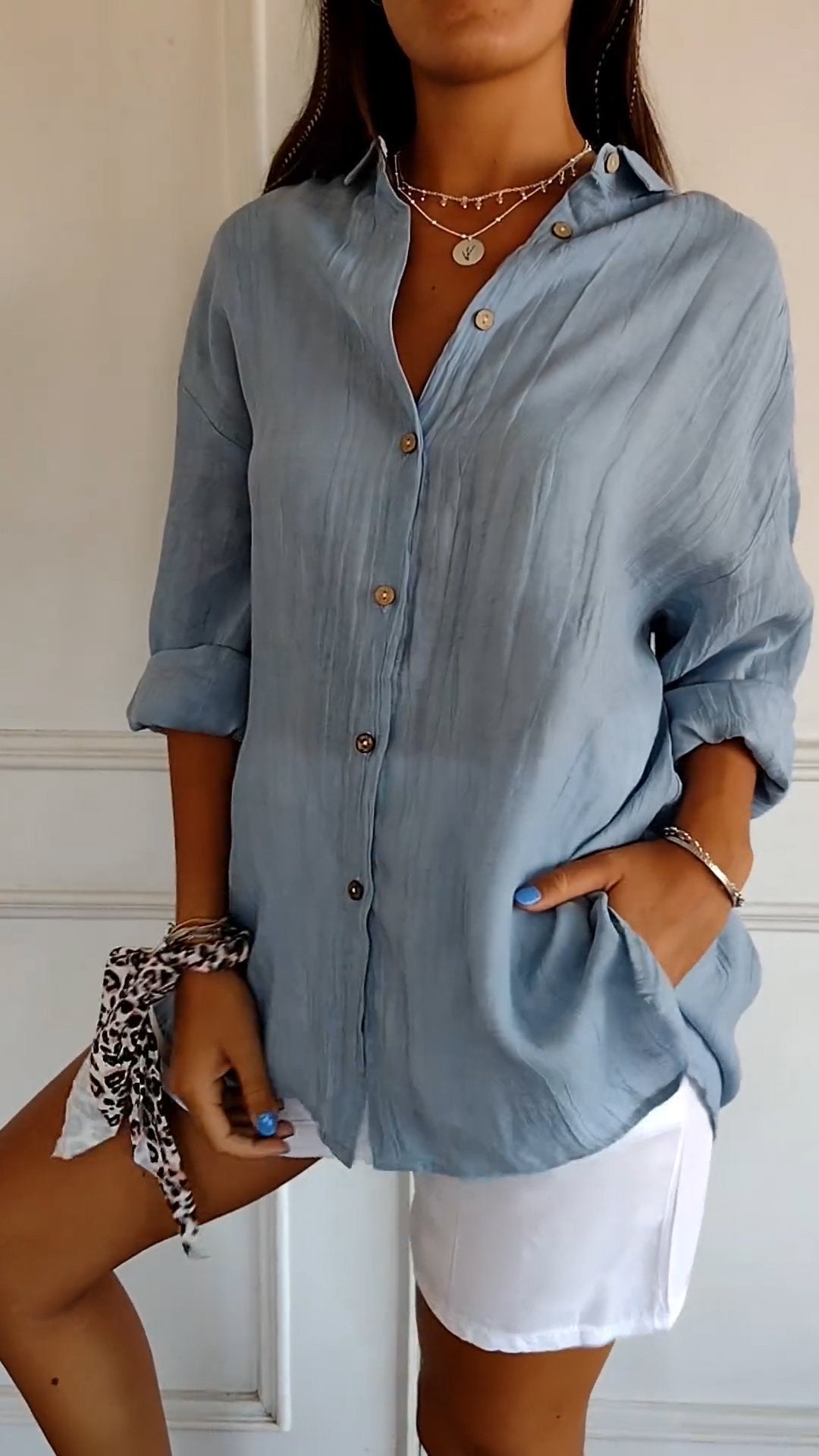 Camicia Donna Oversize in Lino e Cotone con Bottoni – Blusa Casual Estiva a Maniche Arrotolabili