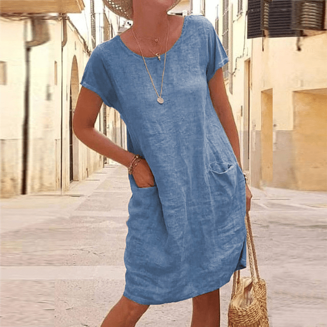 Vestito Midi Estivo in Lino da Donna con Maniche Corte e Tasche
