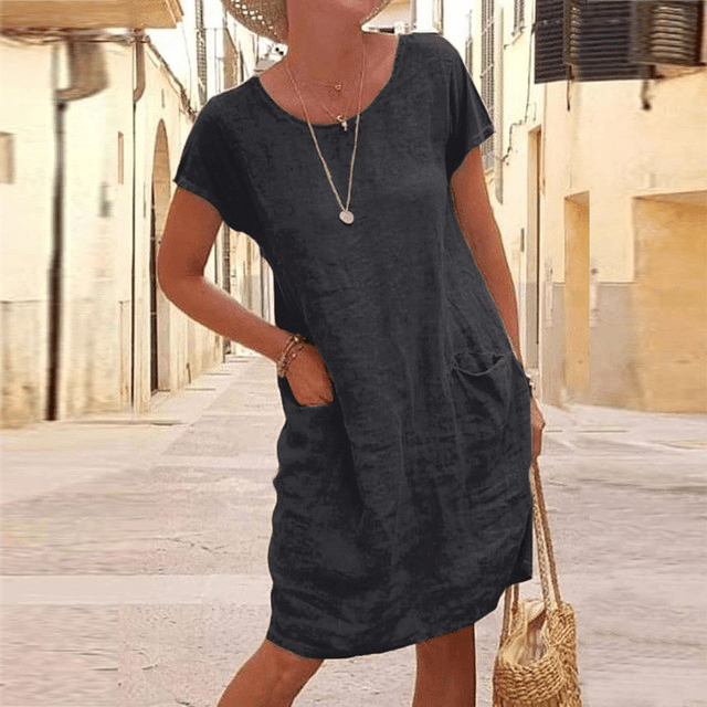 Vestito Midi Estivo in Lino da Donna con Maniche Corte e Tasche