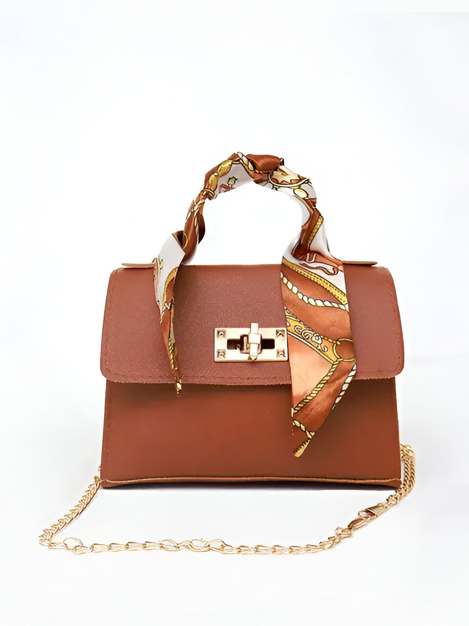 Borsa donna a mano con foulard decorativo e tracolla a catena