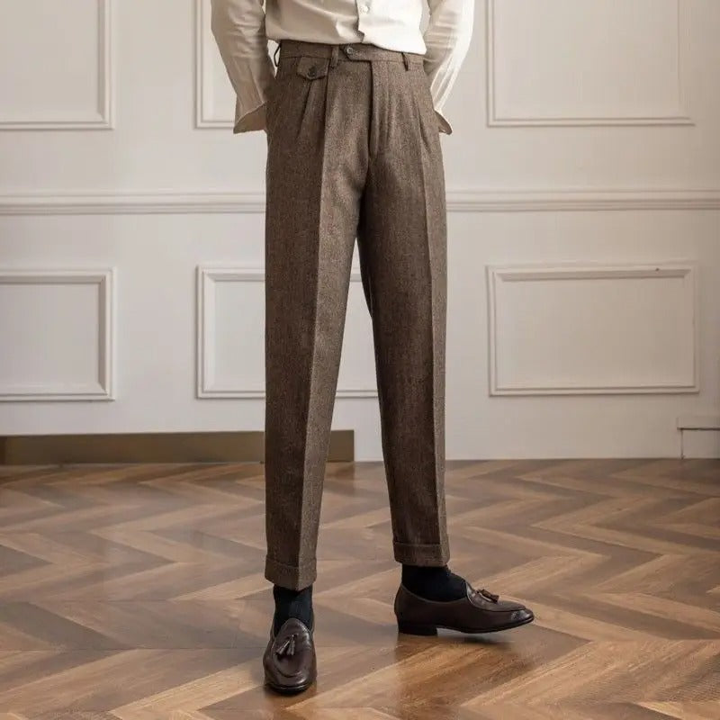 Elegante Pantalone Uomo Vita Alta Doppia Piega Gamba Dritta