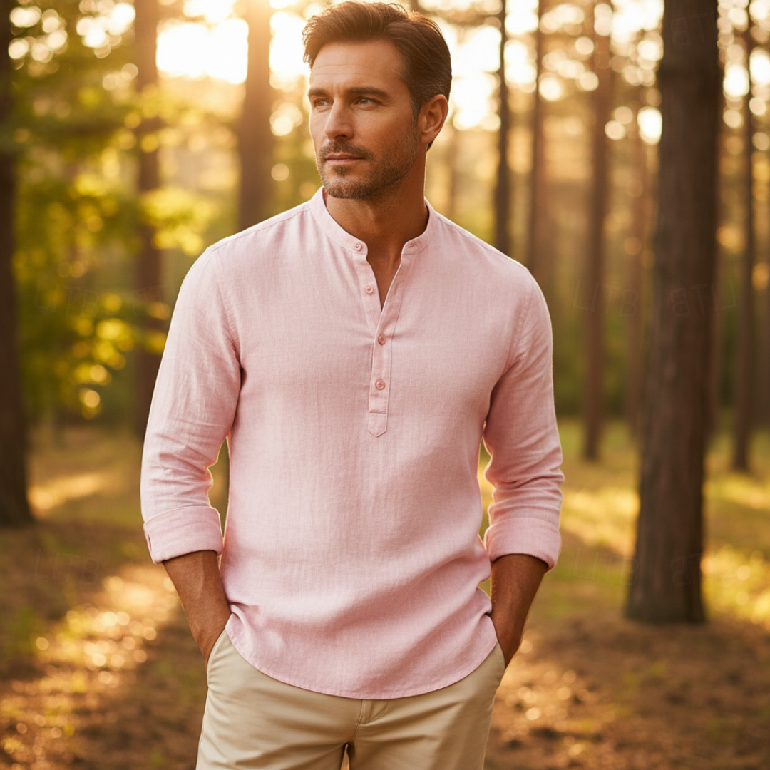 Camicia Henley in Lino da Uomo a Maniche Lunghe