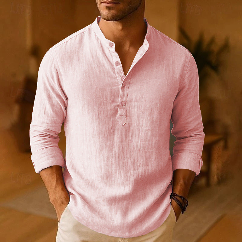 Camicia Henley in Lino da Uomo a Maniche Lunghe