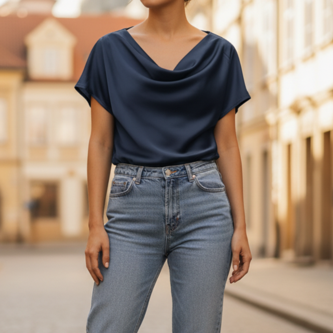 Blusa Satinata da Donna con Maniche Corte e Scollo Cowl