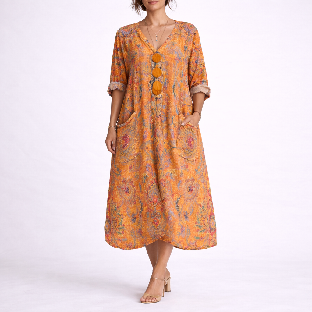 Vestido maxi bohemio para mujer con bordados y mangas tres cuartos