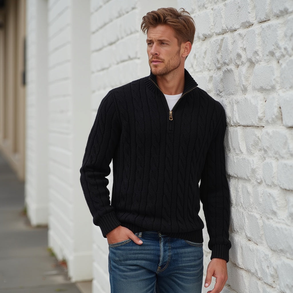 Maglione Uomo a Trecce con Collo Alto e Mezza Zip
