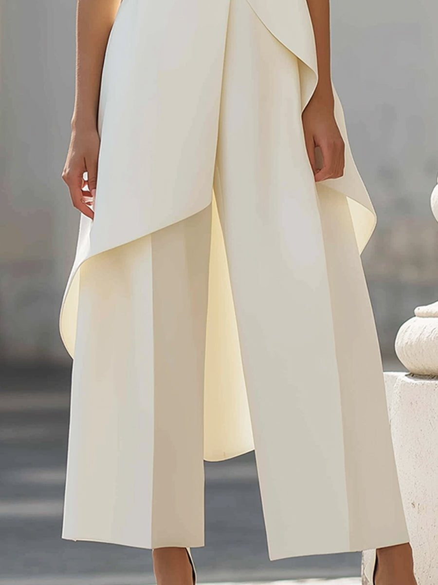 Conjunto feminino de duas peças com túnica assimétrica e calça pantalona