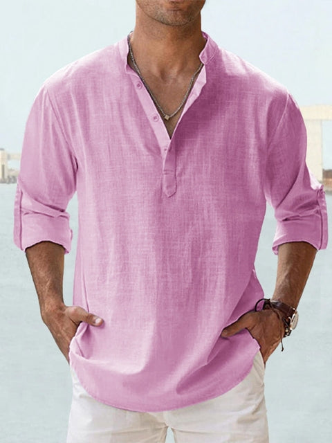 Camisa casual de hombre en lino y algodón con cuello mao