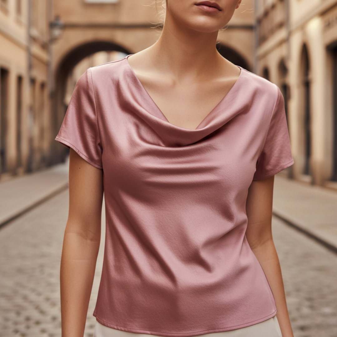 Blusa Satinata da Donna con Maniche Corte e Scollo Cowl