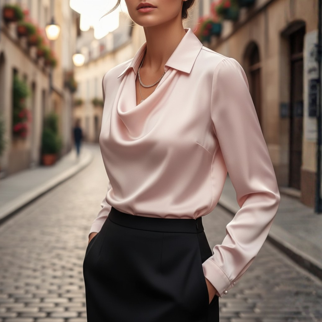 Camicia Donna in Raso con Collo Cowl a Maniche Lunghe