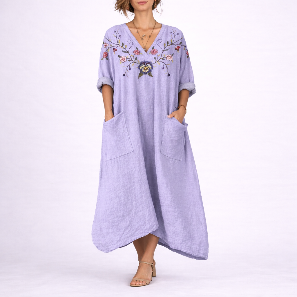 Vestido maxi bohemio para mujer con bordados y mangas tres cuartos