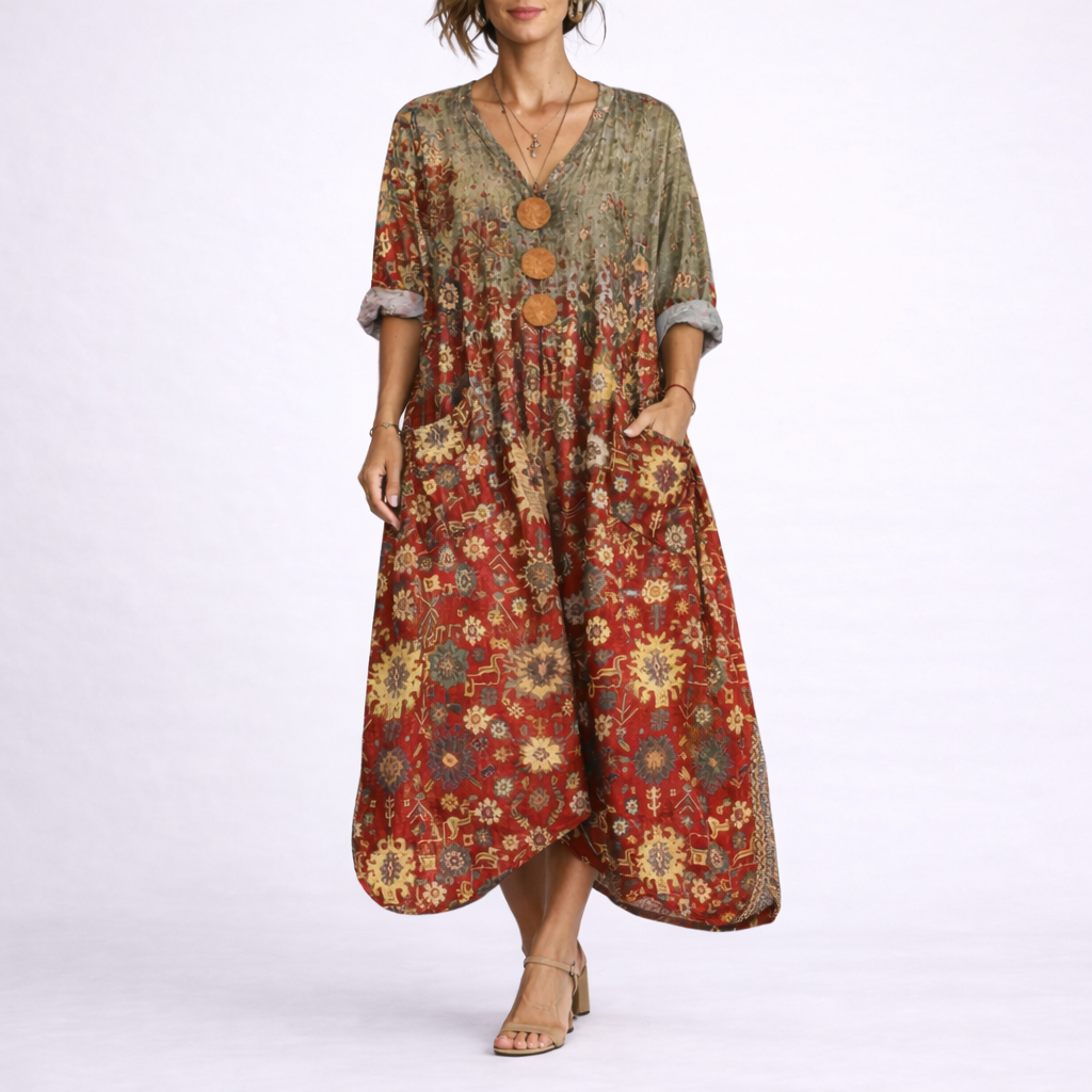 Vestido maxi bohemio para mujer con bordados y mangas tres cuartos
