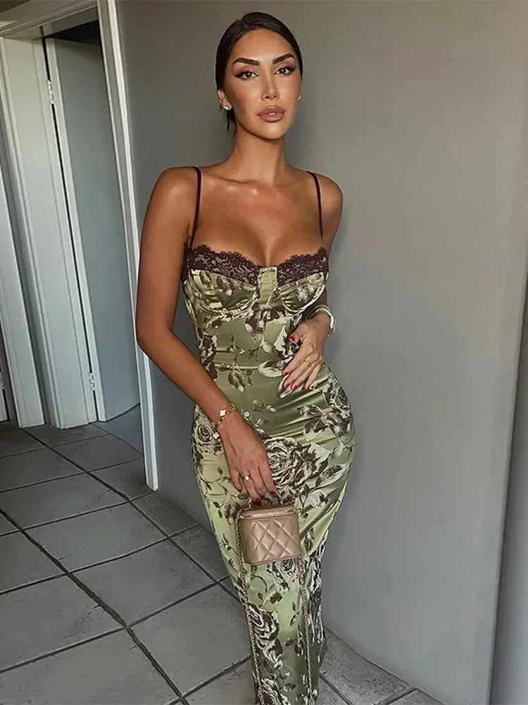 Abito Midi Donna a Fiori con Scollo a Cuore Senza Spalline