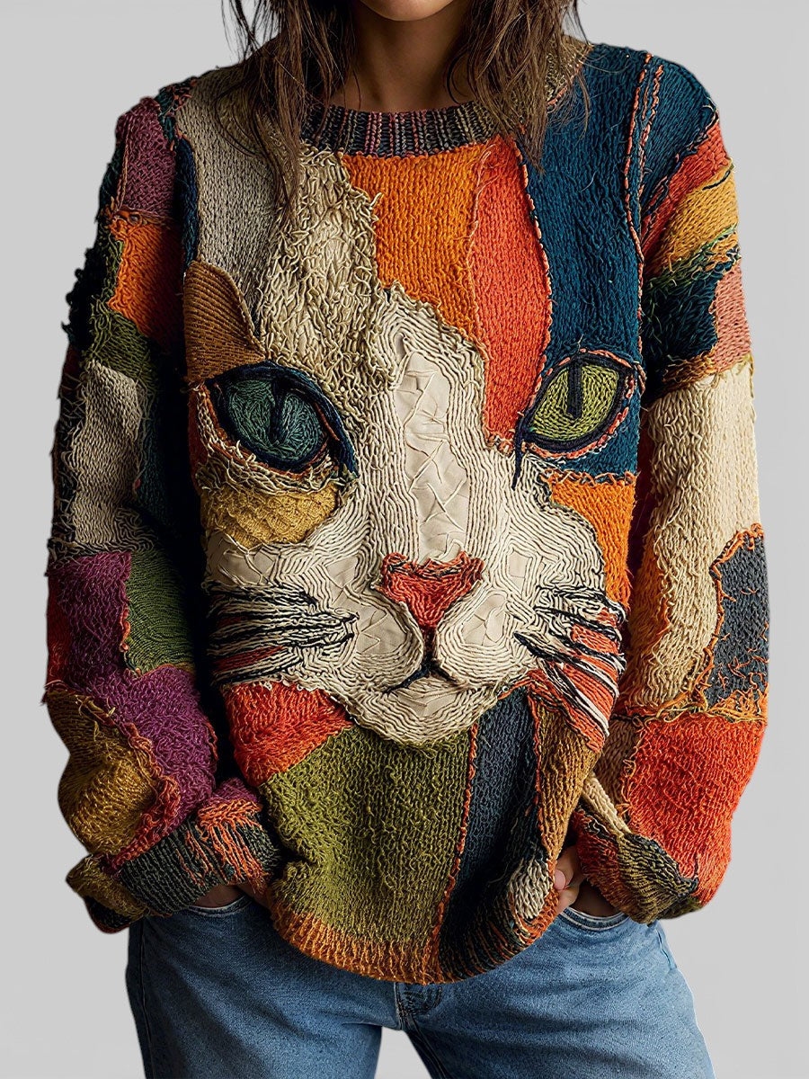 Maglione Donna Oversize Multicolore con Motivo Gatto