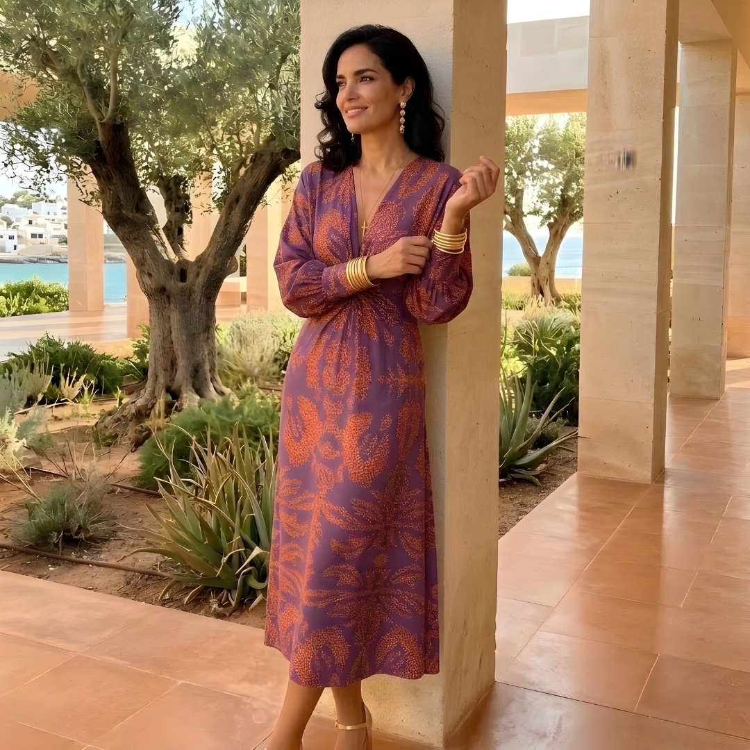 Carmen | Μακρύ Φόρεμα με Σχέδιο για Καλεσμένη Γάμου με Δραπέ