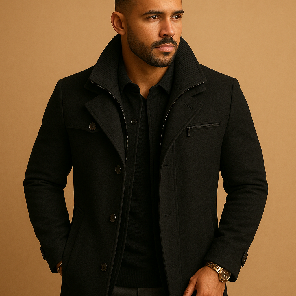 Cappotto Uomo Invernale Elegante con Collo Alto e Chiusura a Bottoni