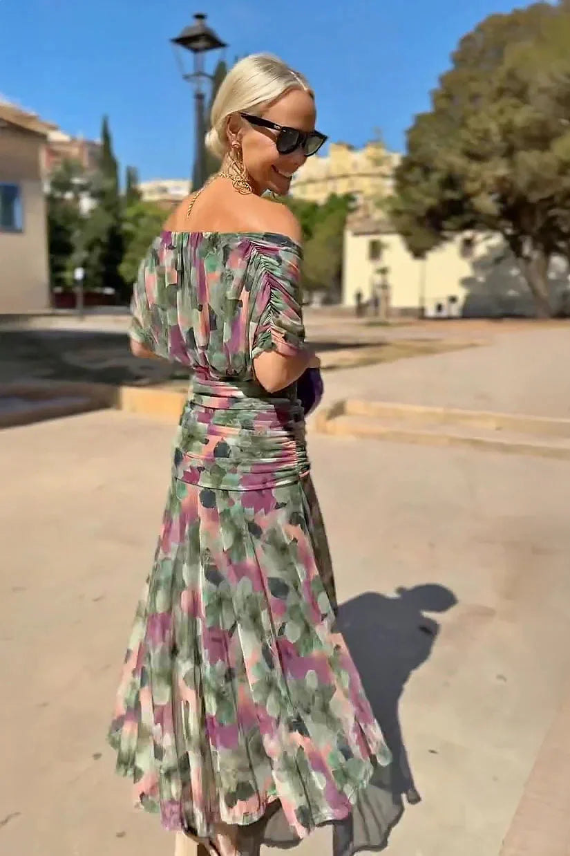 Vestido largo elegante para mujer con escote Bardot y falda fluida