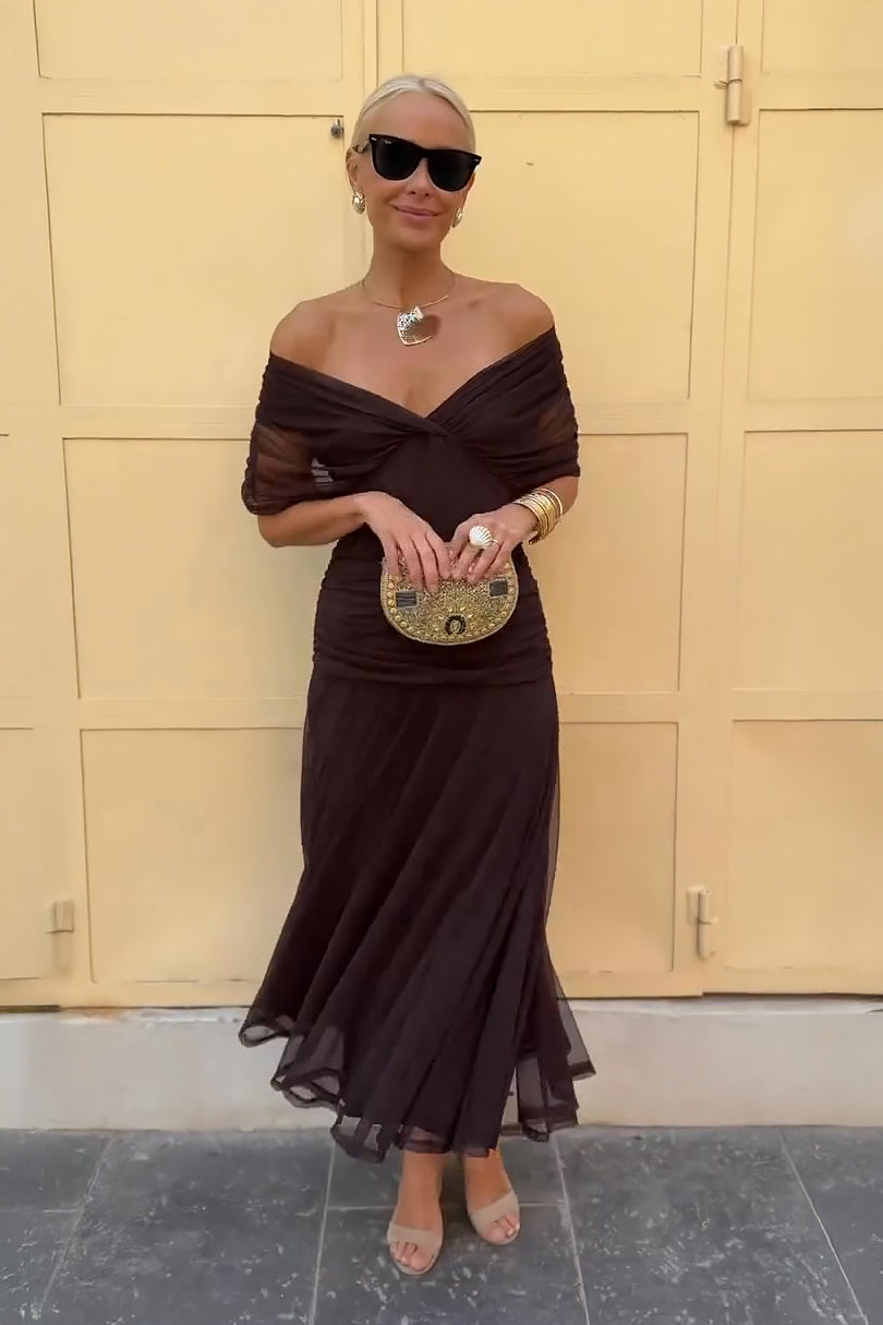 Abito Lungo Elegante Donna con Scollo Bardot e Gonna Fluida