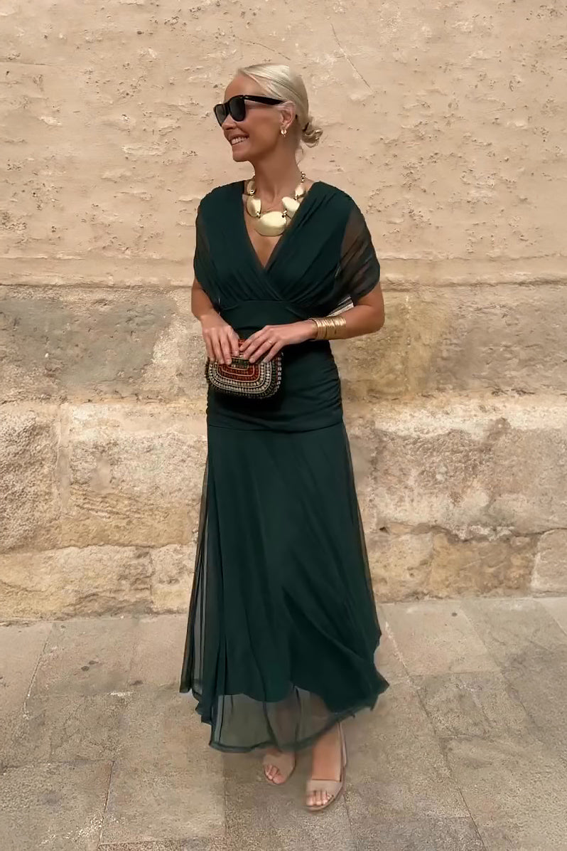 Abito Lungo Elegante Donna con Scollo Bardot e Gonna Fluida