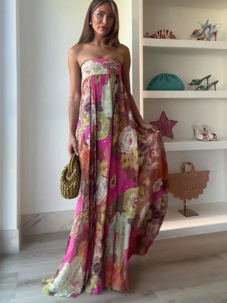 Floral Strapless Maxi Dress for Wedding Guests